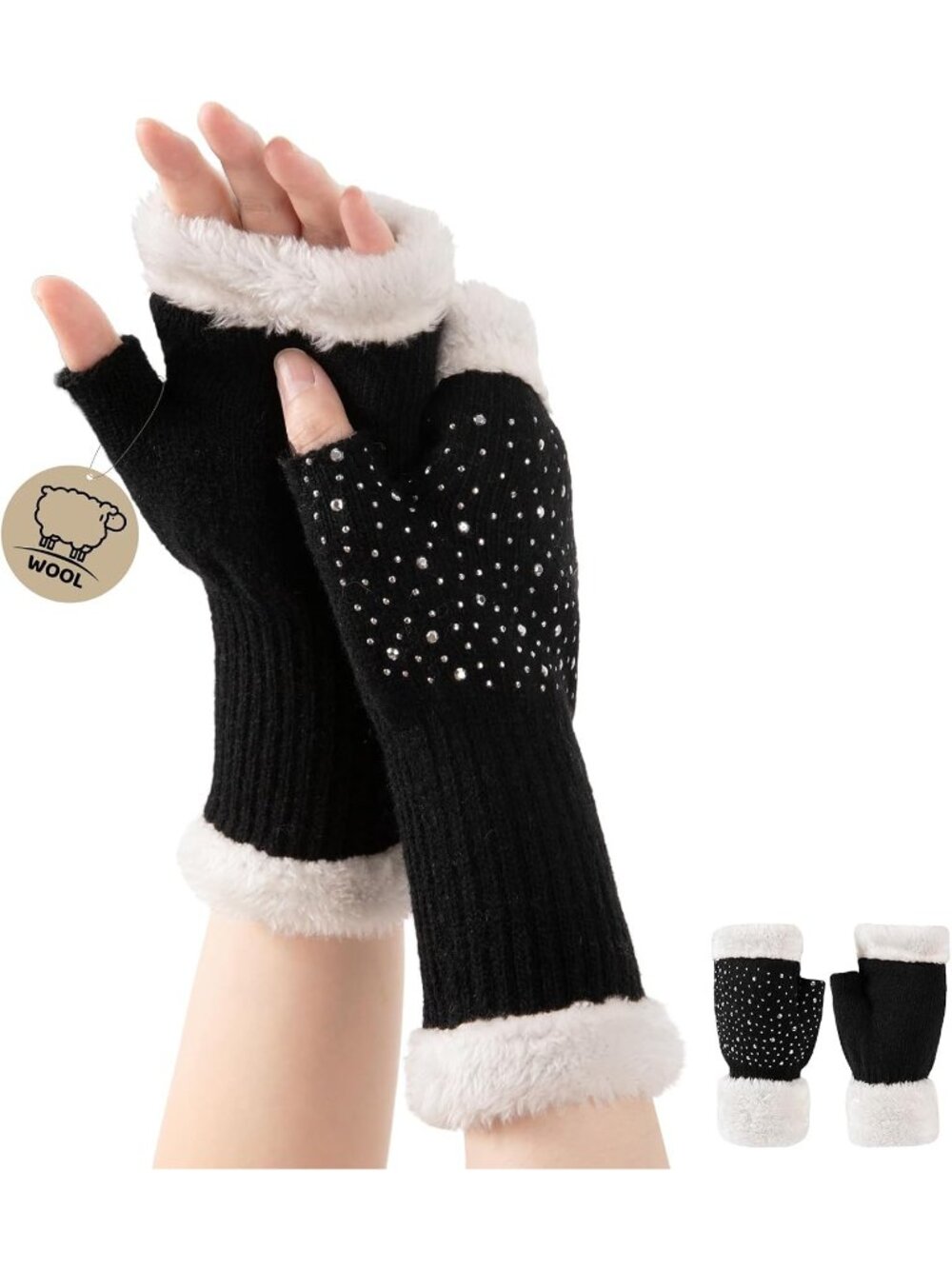 Women's Black Sparkling Rhinestones Wool Winter Warm Fingerless Mittens Gloves